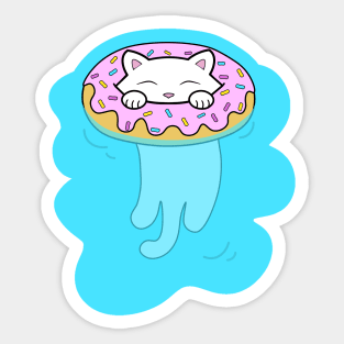 Cute white kitten swimming in a pool with water donut Sticker